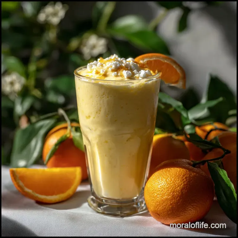 A frothy orange drink served in a chilled glass, condensation beading on the surface, presented on a wooden tray with citr...