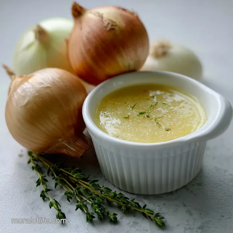 Elegant drizzle of silky, light yellow onion dressing atop a bed of vibrant mixed greens. Subtle shine suggests richness.