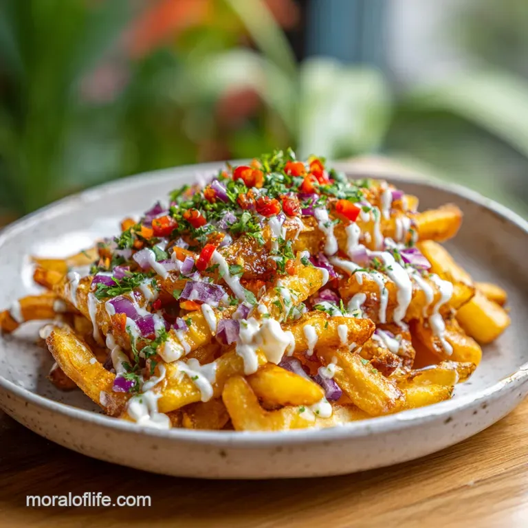 Tower of crispy fries drizzled with rich, dark sauce. Garnished with herbs and Cajun sausage atop a black plate.