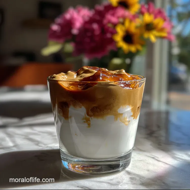 A tall glass of creamy latte, swirled whipped coffee, creating a beautiful contrast. The perfect morning refreshment.