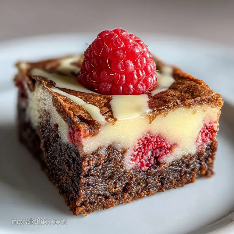 A fudgy brownie square with melted white chocolate drizzle and fresh raspberries scattered on a clean, white plate. Invit...