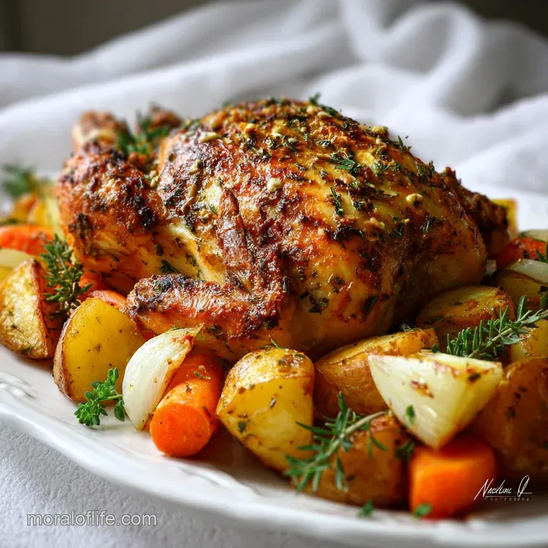 A perfectly plated portion featuring juicy chicken and colorful roasted vegetables. The glistening skin and caramelized ed...