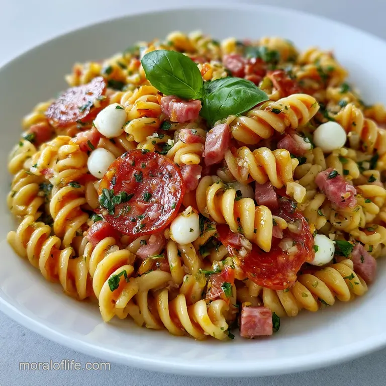 Vibrantly colored pasta salad in a white bowl, topped with fresh herbs and glistening sliced pepperoni circles.